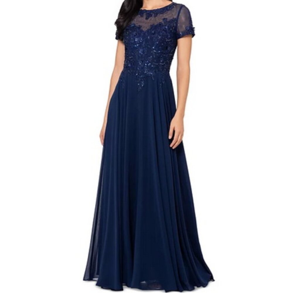 Xscape Navy Blue Beaded Mesh Gown